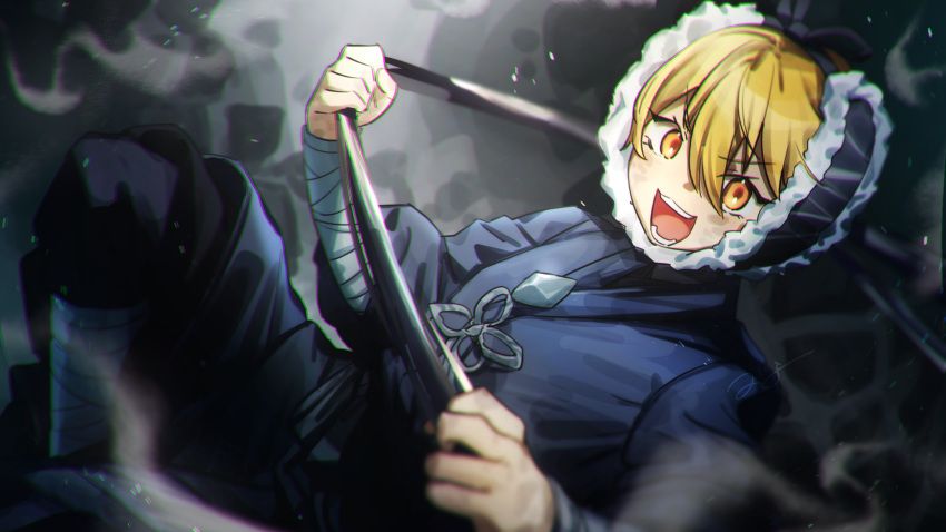 1girl, akantai, arm_wrap, black_hanbok, black_ribbon, blonde_hair, bolkki, don_quixote_(project_moon)