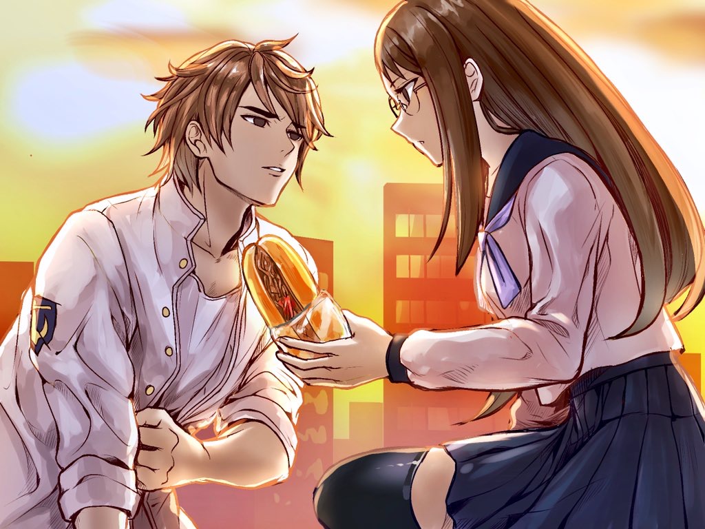 1boy, 1girl, black_skirt, black_thighhighs, brown_hair, building, city, food