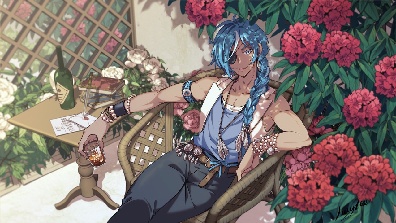 1boy, alcohol, antenna_hair, armlet, artist_name, bead_bracelet, beads, belt