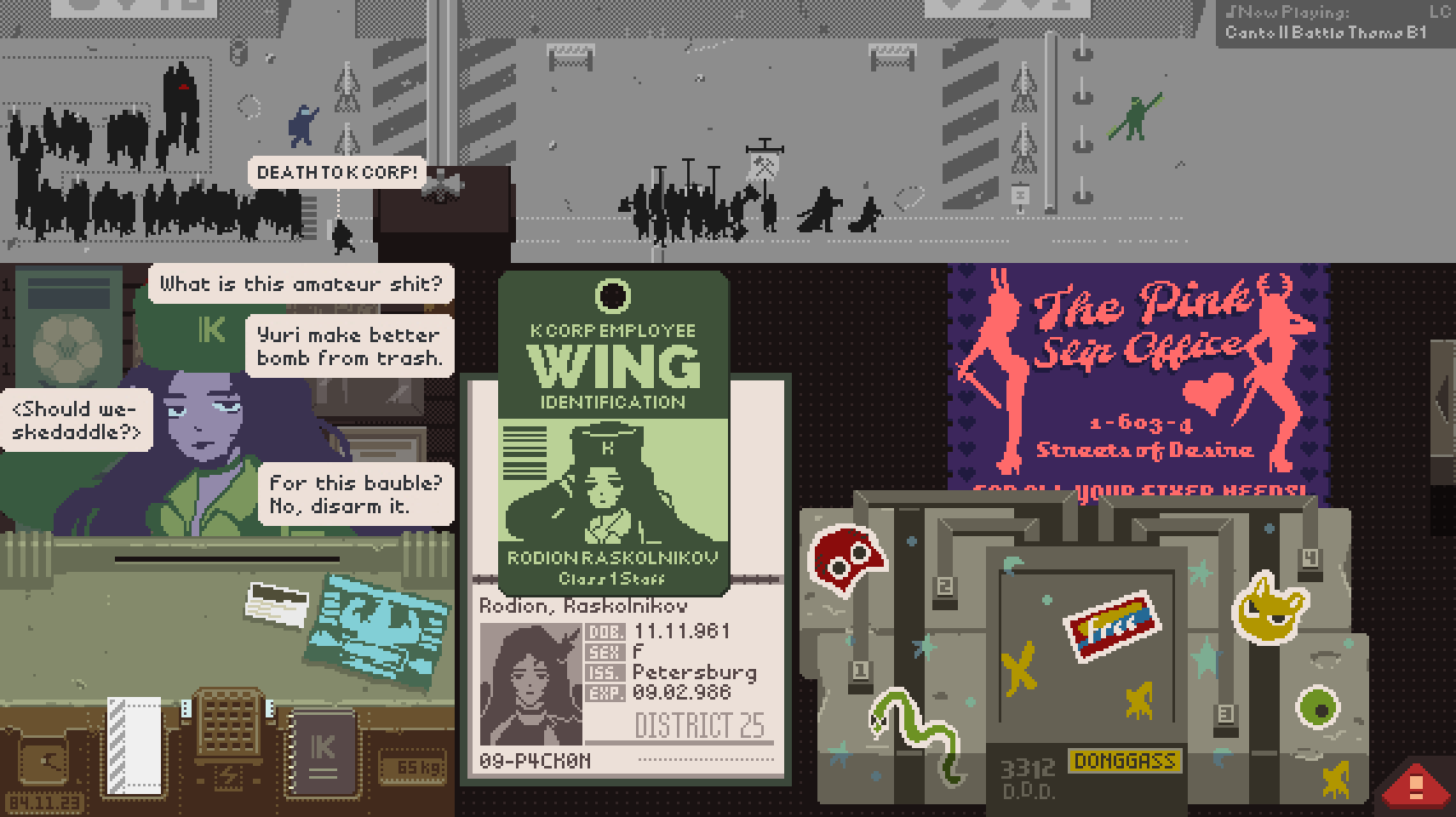 1girl, bomb, character_name, explosive, fake_screenshot, gameplay_mechanics, hat, highres