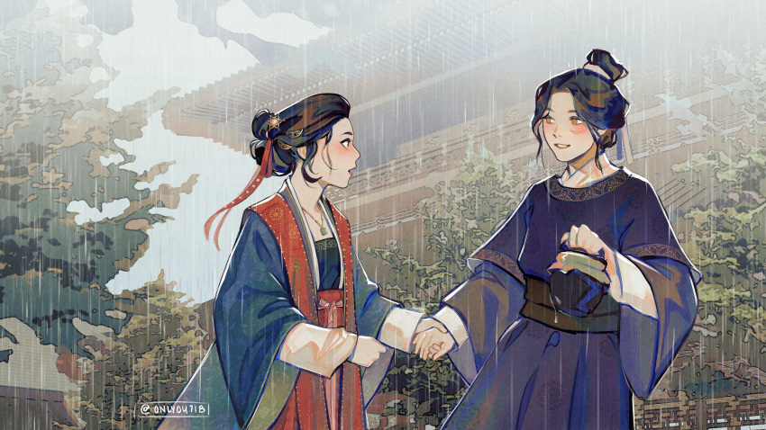 2girls, absurdres, architecture, black_hair, blue_hanfu, chinese_clothes, commentary, east_asian_architecture, english_commentary, hair_bun, hanfu, highres, holding_hands, jing_wei_qing_shang, looking_at_another, multiple_girls, nangong_jingnu, onlyou718, open_mouth, qiyan_agula, rain, red_ribbon, ribbon, scar, scar_on_face, smile, tree, twitter_username, wide_sleeves, yellow_eyes, yuanlingpao
