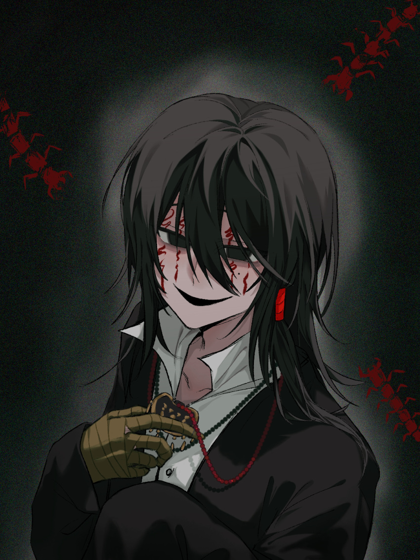 1boy, bandaged_hand, bandages, black_eyes, black_hair, black_jacket, chinese_commentary, collared_shirt
