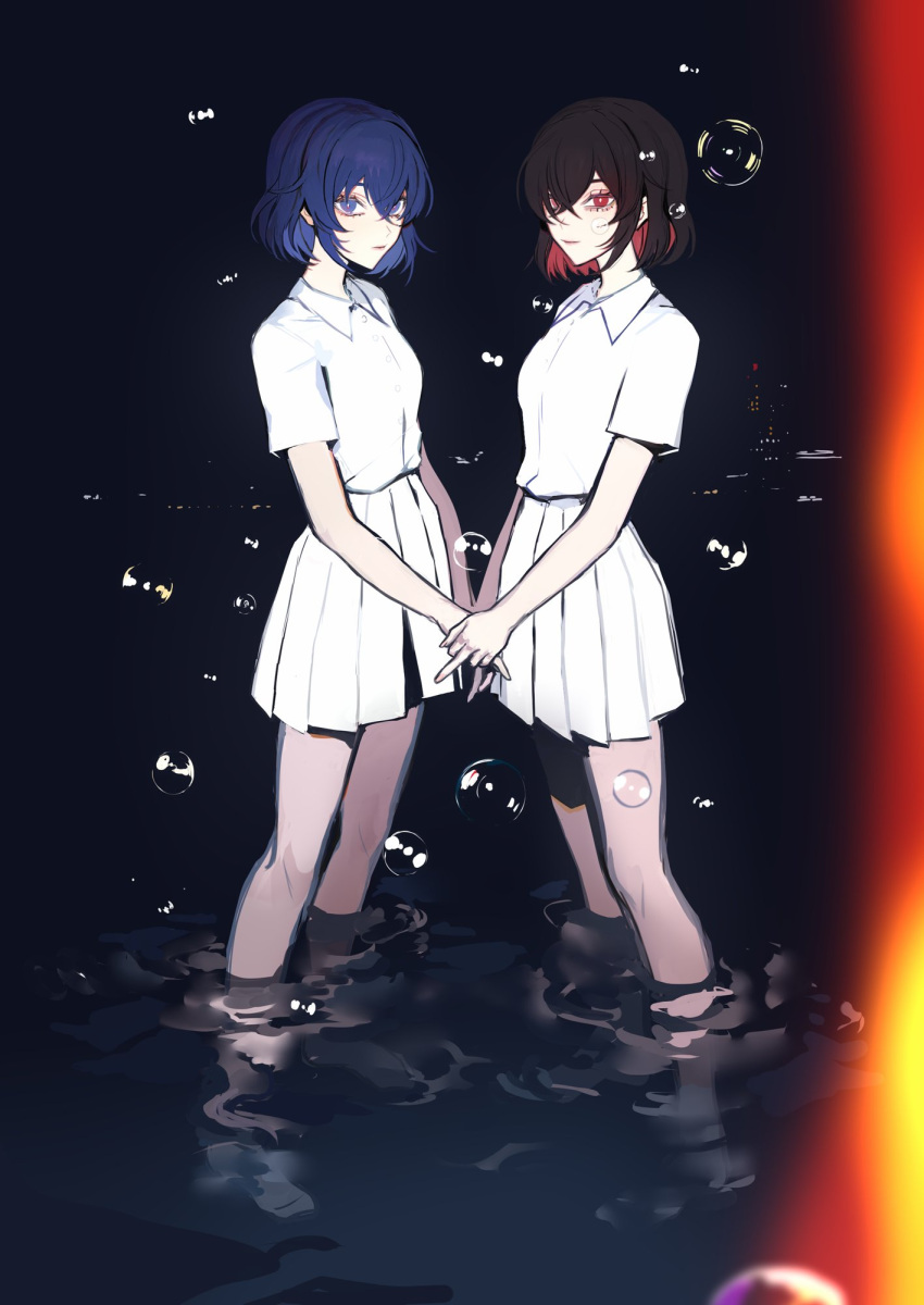 2girls, 7wata_himori, black_hair, blue_eyes, blue_hair, bright_pupils, bubble, check_copyright