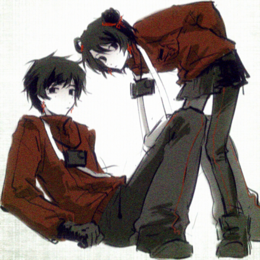 1boy, 1girl, bai_(bai40554), bent_over, black_eyes, black_footwear, black_gloves, black_hair