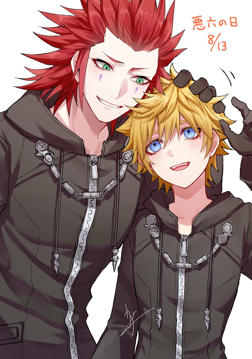2boys, axel_(kingdom_hearts), black_coat_(kingdom_hearts), blonde_hair, blue_eyes, cloak, eyelashes, facial_mark, gloves, green_eyes, hand_on_another's_head, highres, kagachi_118, kingdom_hearts, kingdom_hearts_ii, male_focus, multiple_boys, open_mouth, organization_xiii, redhead, roxas, ruffling_hair, short_hair, smile, spiky_hair, white_background