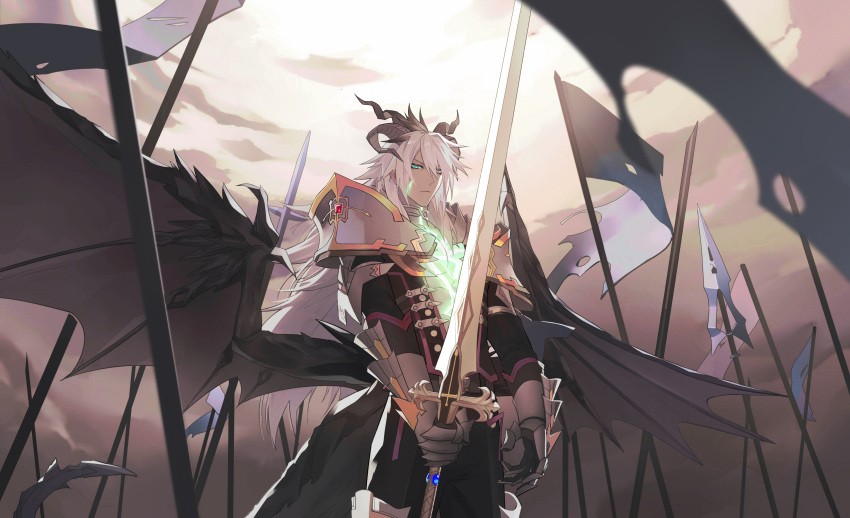 1boy, absurdres, armor, balmung_(fate/apocrypha), clouds, cowboy_shot, curled_horns, dragon_boy
