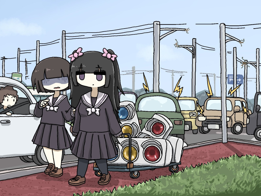 1other, 2girls, black_hair, blunt_bangs, bob_cut, bow, brown_hair, cable