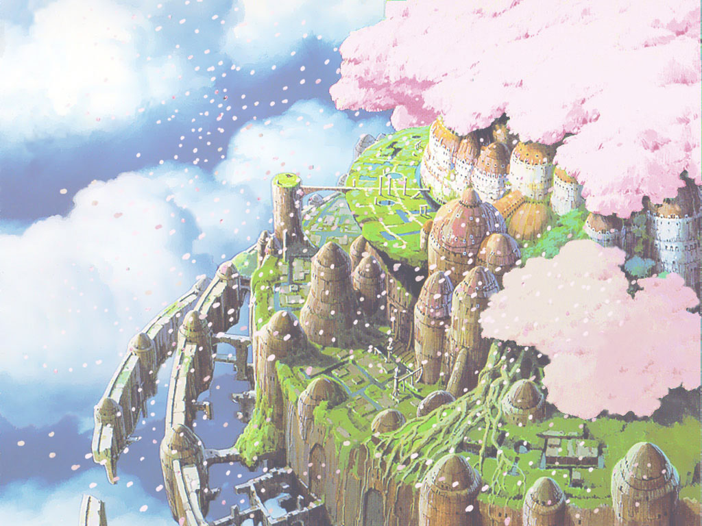 bridge, canal, cherry_blossoms, cloud, dome, floating_island, ghibli, laputa