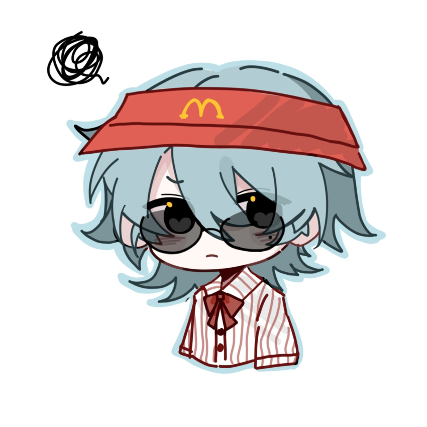 1boy, black_eyes, blue_hair, chibi, chibi_only, chinese_commentary, closed_mouth, collared_shirt