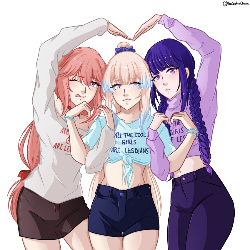 3girls, ;q, blonde_hair, blue_eyes, braid, genshin_impact, heart, heart_hands_duo_chain, highres, implied_yuri, midriff, multicolored_hair, multiple_girls, one_eye_closed, pink_hair, ponytail, purple_hair, raiden_shogun, sangonomiya_kokomi, self-upload, simple_background, thecaotiicchaox, tongue, tongue_out, twin_braids, violet_eyes, yae_miko