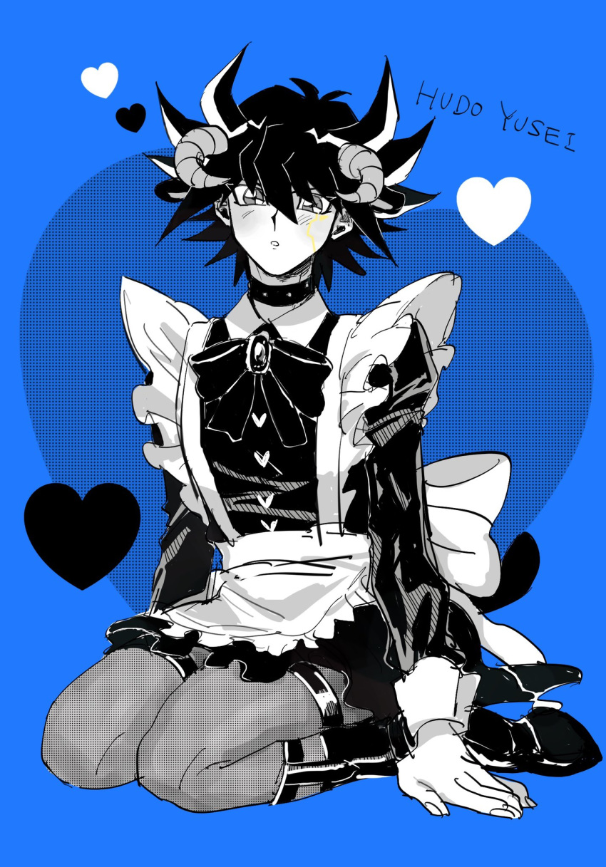 1boy, :o, apron, black_footwear, black_hair, blue_background, boots, bow, collar, crossdressing, facial_mark, facial_tattoo, fishnet_pantyhose, fishnets, frills, fudo_yusei, goat_horns, heart, highres, horns, long_sleeves, maid, maid_apron, male_focus, male_maid, marking_on_cheek, oikisama_nanda, open_mouth, pantyhose, seiza, short_hair, sitting, spiky_hair, tattoo, white_bow, yu-gi-oh!, yu-gi-oh!_5d's