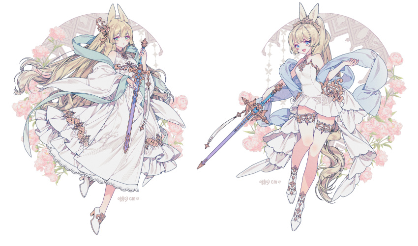 2girls, animal_ears, aqua_shawl, bare_shoulders, blonde_hair, blue_eyes, blue_shawl, breasts