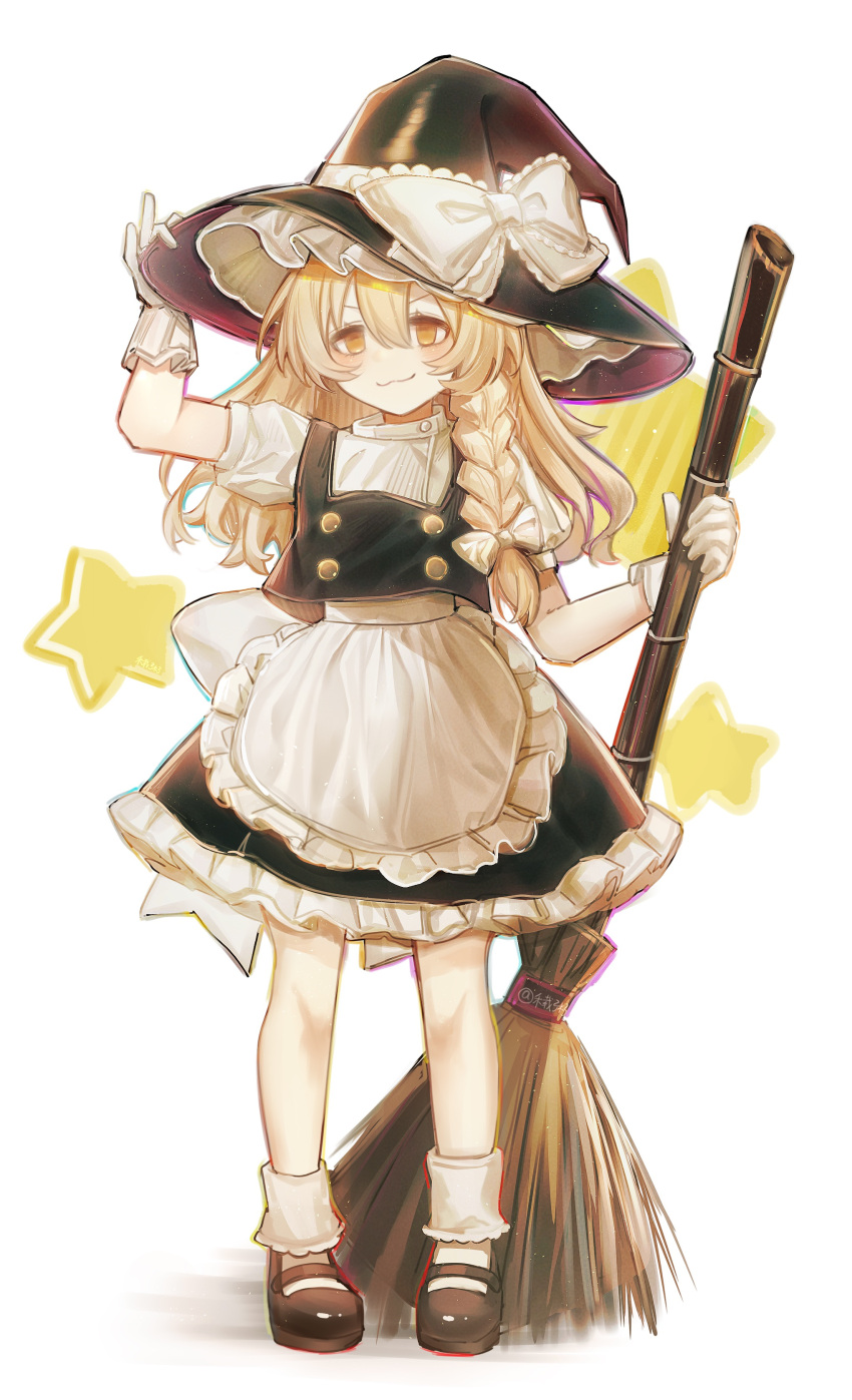 1girl, :3, absurdres, apron, bamboo_broom, black_footwear, black_hat, black_skirt, black_vest, blonde_hair, bow, braid, broom, chinese_commentary, closed_mouth, commentary_request, flat_chest, frilled_skirt, frills, full_body, gloves, hair_between_eyes, hair_bow, hat, hat_bow, hezaizhou, highres, holding, holding_broom, kirisame_marisa, light_particles, long_hair, mary_janes, puffy_short_sleeves, puffy_sleeves, shirt, shoes, short_sleeves, side_braid, single_braid, skirt, socks, solo, touhou, v-shaped_eyebrows, vest, waist_apron, white_apron, white_bow, white_gloves, white_shirt, white_socks, yellow_eyes