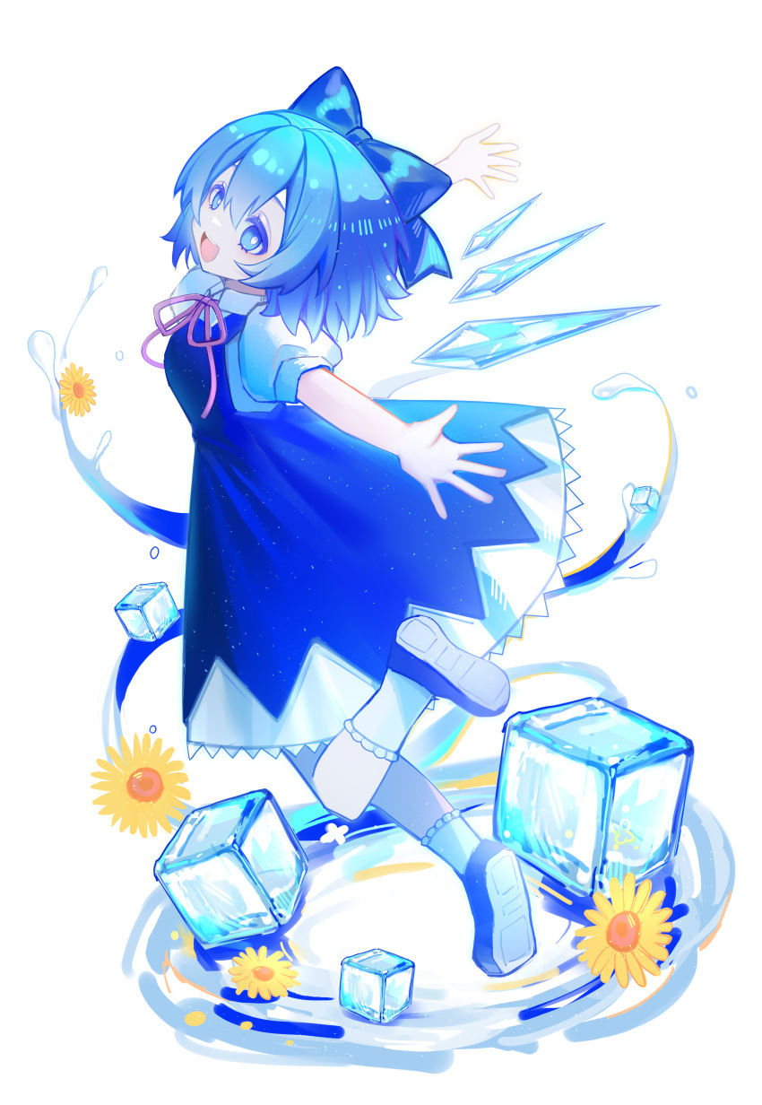 1girl, absurdres, blue_dress, blue_eyes, blue_footwear, blue_hair, breasts, bright_pupils, chinese_commentary, cirno, commentary_request, dress, flower, foot_up, hezaizhou, highres, ice, ice_cube, light_particles, medium_hair, neck_ribbon, open_mouth, pinafore_dress, pink_ribbon, puffy_short_sleeves, puffy_sleeves, ribbon, shirt, short_sleeves, sleeveless, sleeveless_dress, small_breasts, smile, socks, solo, touhou, white_pupils, white_shirt, white_socks, yellow_flower