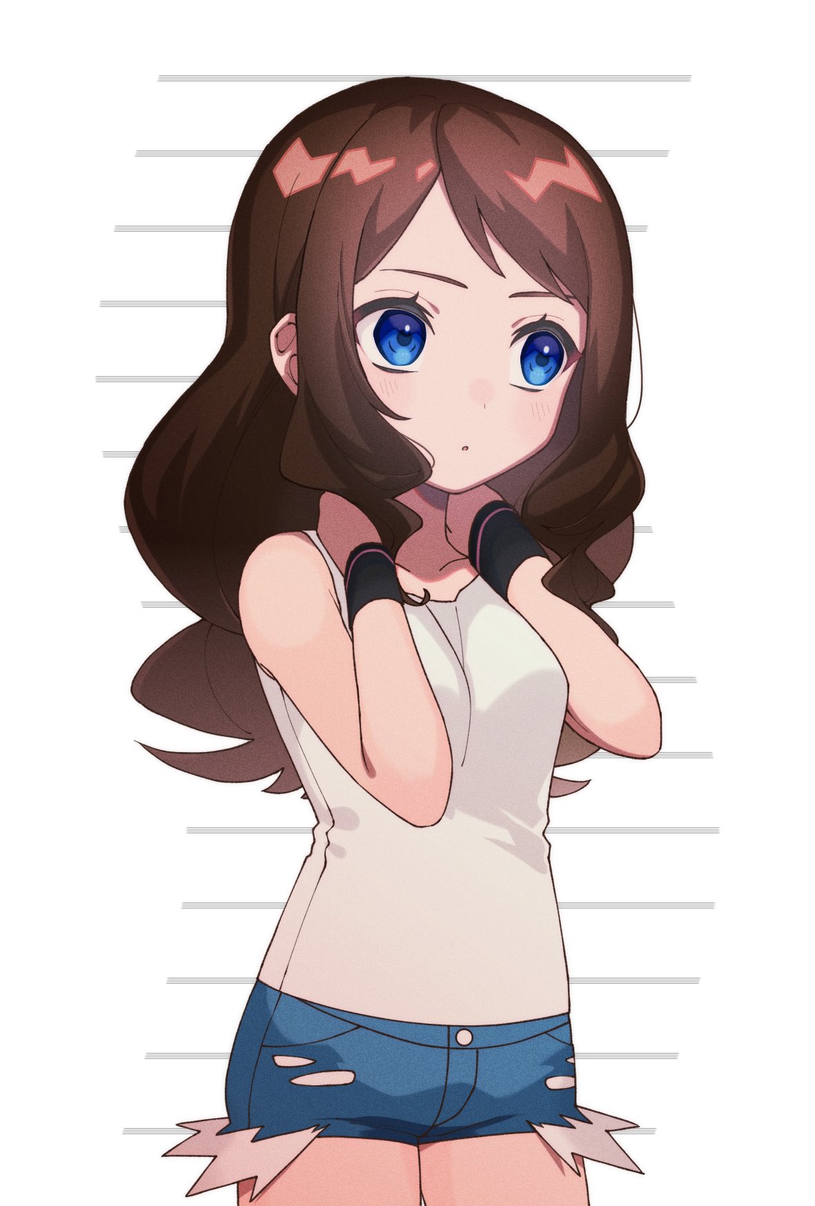 1girl, :o, alternate_hairstyle, bare_shoulders, black_wristband, blue_eyes, blue_shorts, breasts