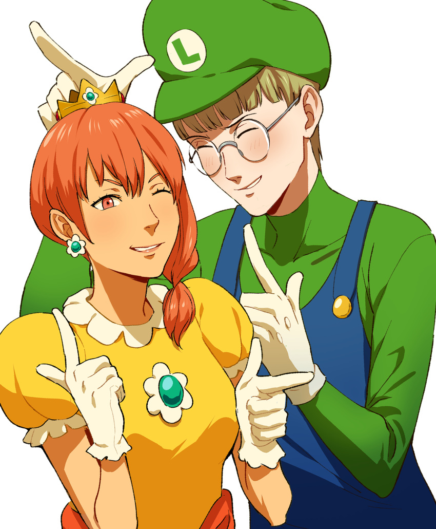 1boy, 1girl, blush, closed_eyes, commission, cosplay, crown, dress