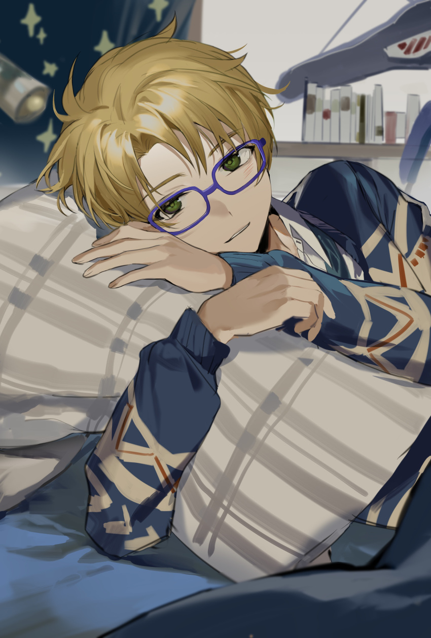 1boy, absurdres, arm_rest, bedroom, bishounen, blonde_hair, blue-framed_eyewear, blue_sweater