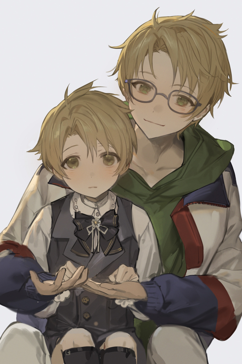 2boys, absurdres, age_difference, aged_down, between_legs, bishounen, black_bow, black_bowtie