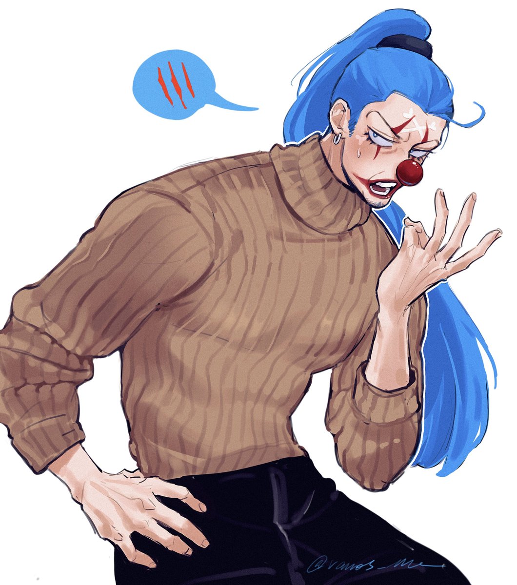 1boy, arm_up, black_pants, blue_eyes, blue_hair, brown_sweater, buggy_the_clown, clown_nose