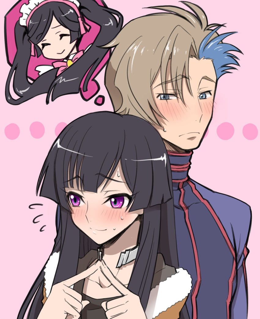 1boy, 1girl, ash_phoenix, black_hair, blue_eyes, code_geass, code_geass:_dakkan_no_roze, hetero, highres, pink_hair, sumeragi_sakuya, takanosann, twintails