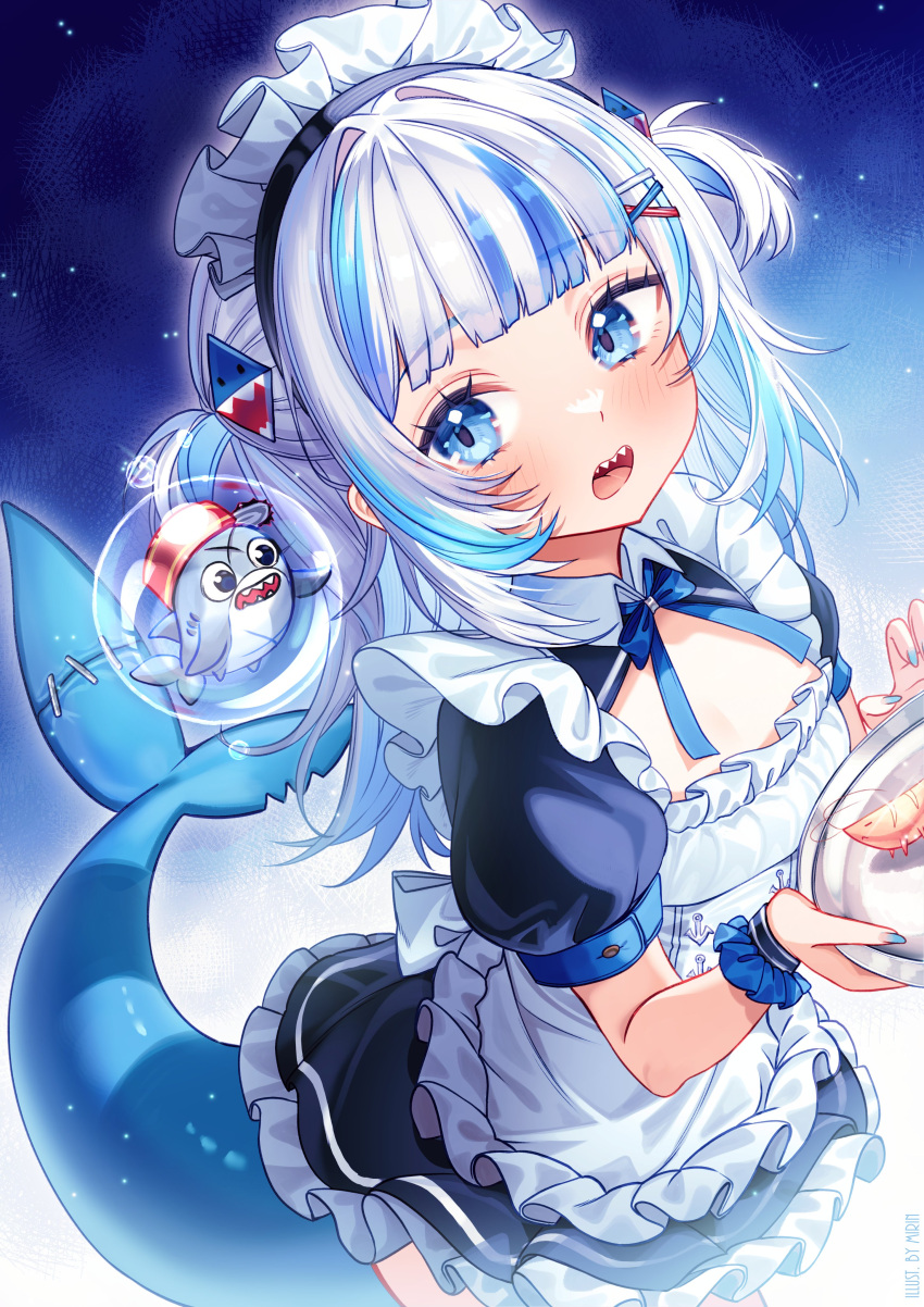 1girl, absurdres, apron, blue_eyes, blue_hair, blue_ribbon, by_mirin, fins, fish_tail, gawr_gura, highres, maid_apron, maid_headdress, multicolored_hair, open_mouth, ribbon, shark_girl, shark_tail, sharp_teeth, tail, teeth, two-tone_hair, white_hair