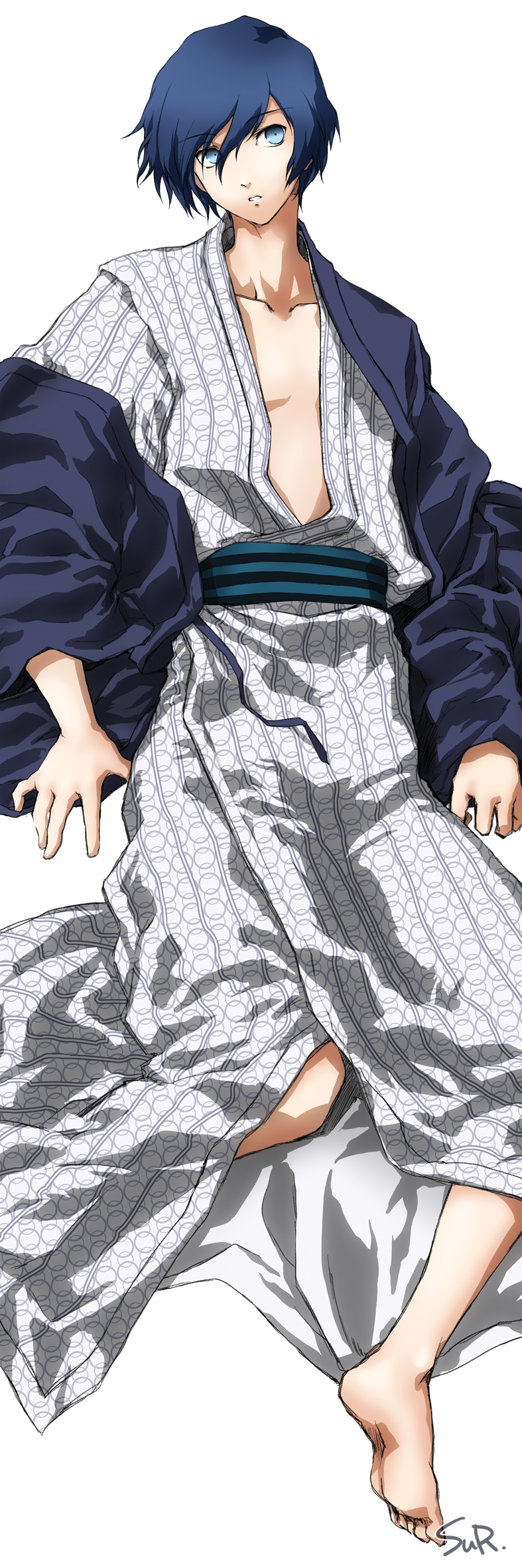 blue_eyes, blue_hair, dakimakura, highres, japanese_clothes, kimono, long_image, persona