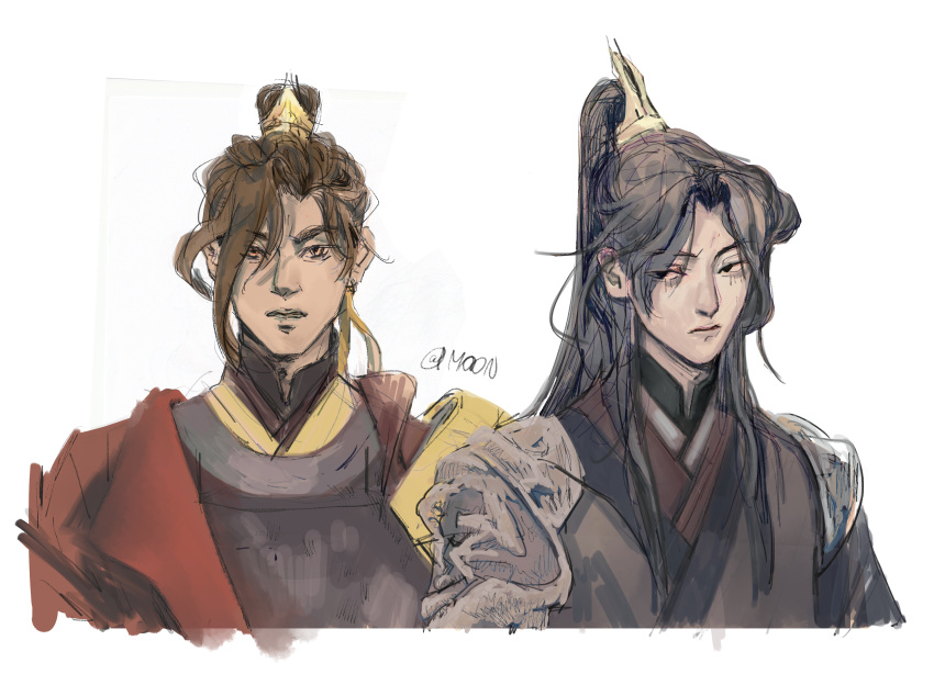 2boys, absurdres, armor, asymmetrical_bangs, black_eyes, black_hair, black_hanfu, brown_eyes, brown_hair, brown_hanfu, chinese_clothes, closed_mouth, feng_xin, hair_bun, hair_ribbon, hanfu, highres, long_hair, looking_at_viewer, male_focus, mooncakebun, mu_qing_(tianguan_cifu), multiple_boys, parted_bangs, parted_lips, ponytail, ribbon, shoulder_armor, signature, simple_background, single_hair_bun, sketch, tianguan_cifu, upper_body, white_background, xiao_guan_(headdress), yellow_ribbon