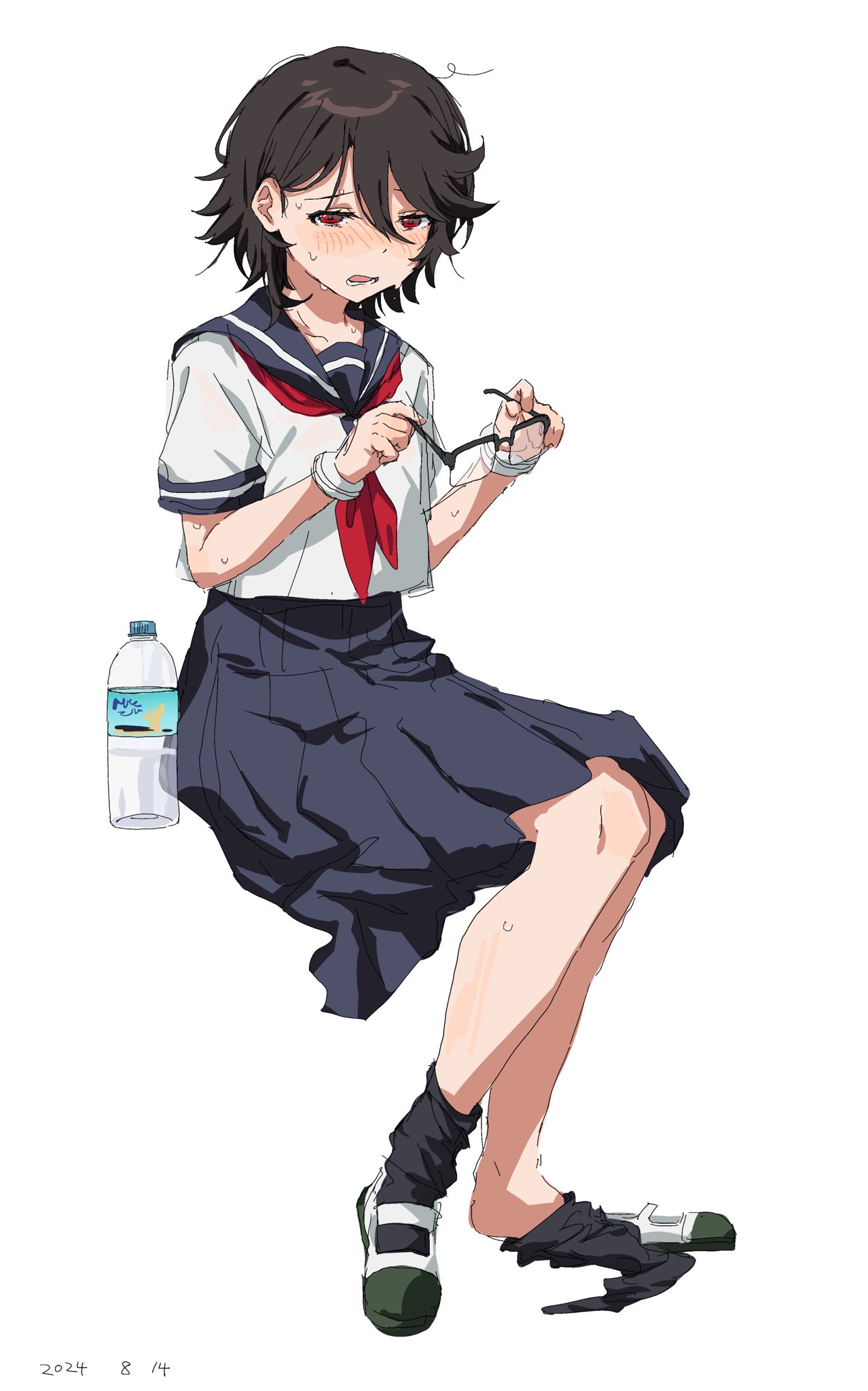 1girl, black-framed_eyewear, black_socks, blush, bottle, brown_hair, half-closed_eyes, highres