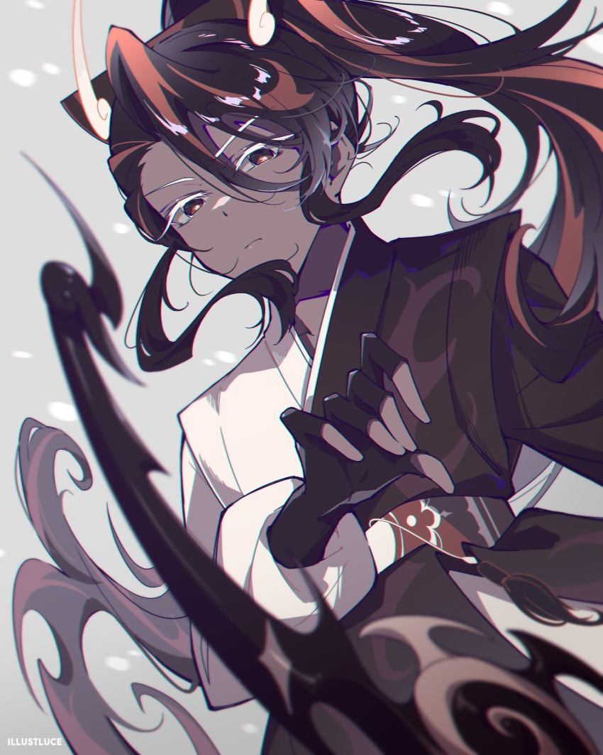 1girl, belt, black_eyes, black_hair, black_shirt, blurry, caramel_arrow_cookie, center-flap_bangs