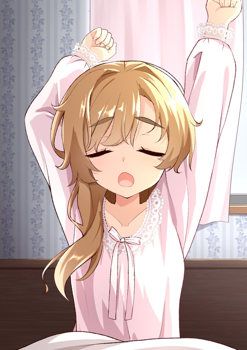 1girl, :o, arms_up, backlighting, brown_hair, clenched_hands, closed_eyes, commentary_request, curtains, facing_viewer, hair_down, hair_intakes, highres, indoors, long_hair, long_sleeves, mikuni_sairi, morning, pajamas, pink_pajamas, puffy_long_sleeves, puffy_sleeves, sesen2000, solo, straight-on, stretching, swept_bangs, tenshi_souzou_re-boot!, thick_eyebrows, upper_body, waking_up, window, yawning