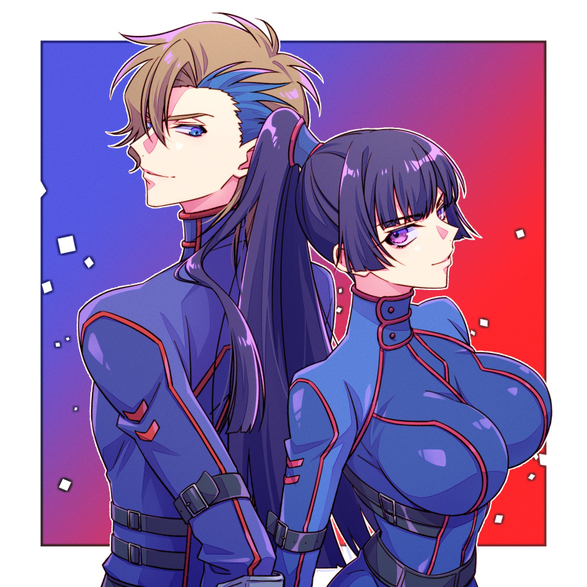 1boy, 1girl, absurdres, ash_phoenix, back-to-back, black_hair, blue_eyes, breasts