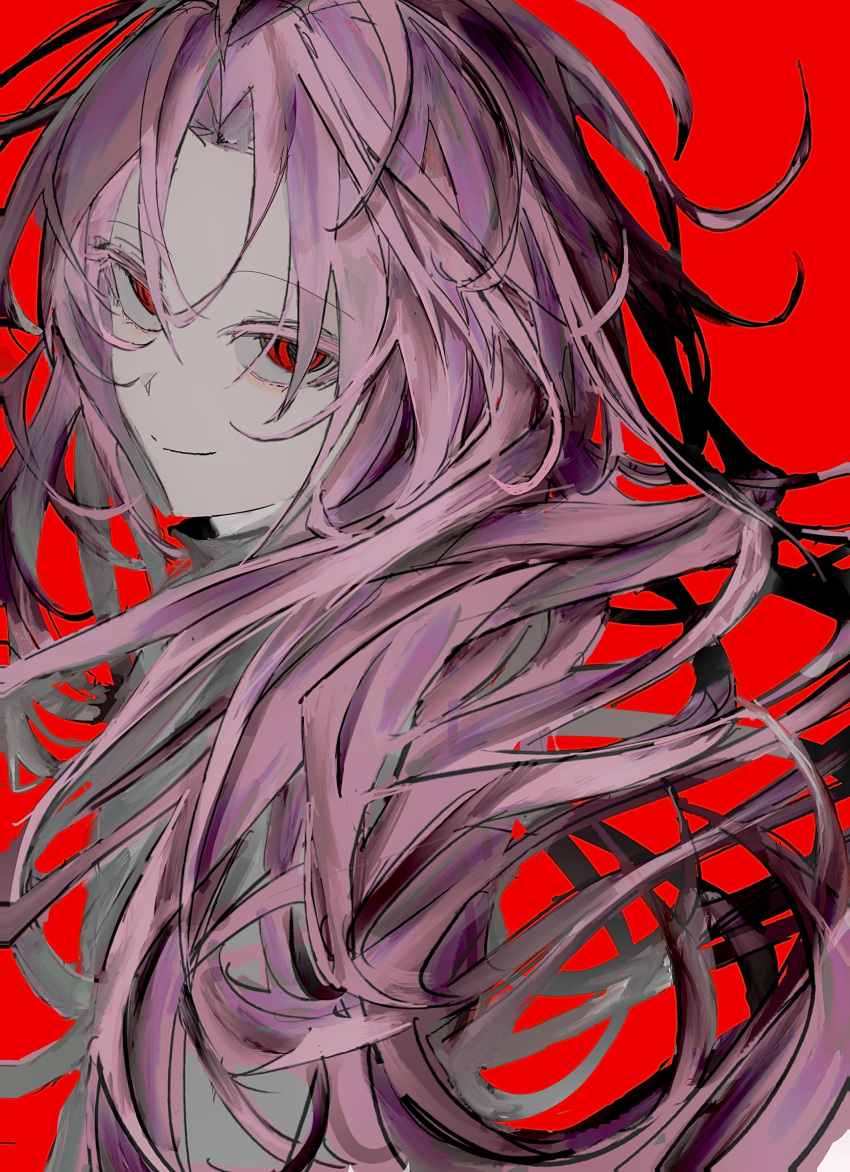 1boy, absurdres, closed_mouth, colored_eyelashes, grey_shirt, hatsutori_hajime, highres, long_hair, male_focus, outeqsfhknvx, parted_bangs, pink_hair, red_background, red_eyes, saibou_shinkyoku, sanpaku, shirt, simple_background, sketch, smile, solo, upper_body