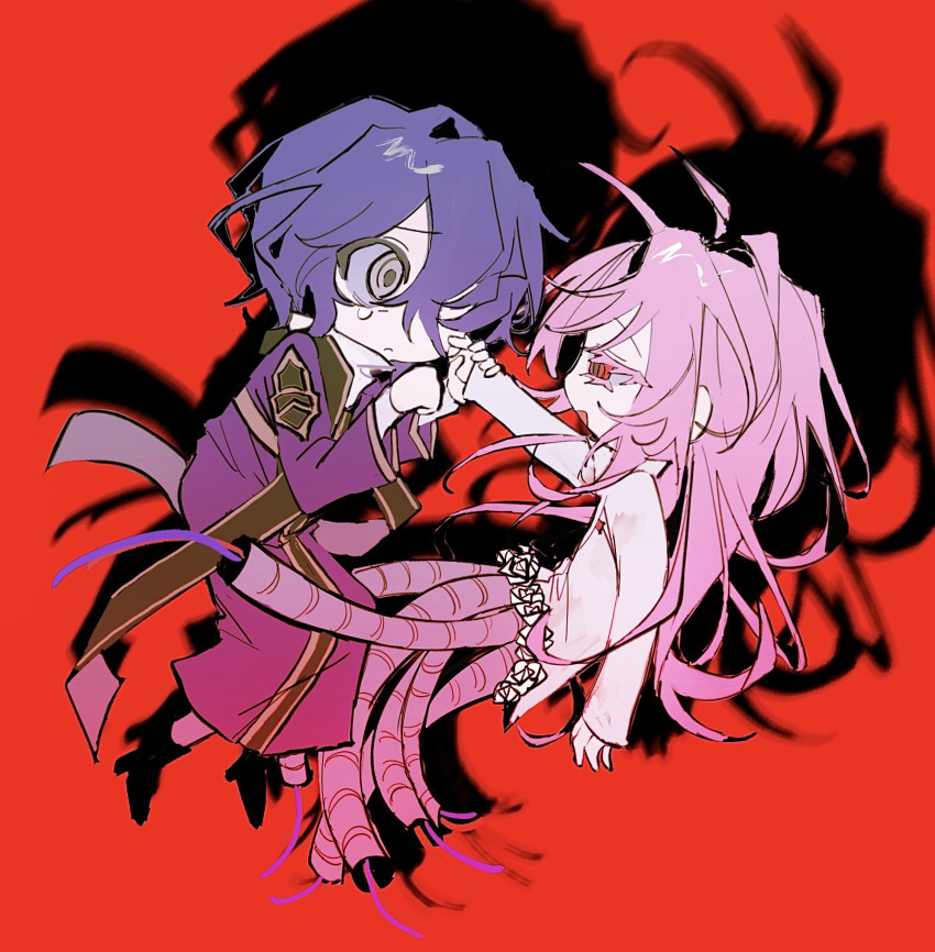 2boys, blue_hair, closed_mouth, coat, colored_eyelashes, deformed, flower, frown, gold_trim, grey_eyes, hair_over_one_eye, hatsutori_hajime, highres, holding_hands, long_hair, long_sleeves, male_focus, multiple_boys, open_mouth, outeqsfhknvx, pink_hair, purple_coat, red_background, red_eyes, saibou_shinkyoku, shirt, short_hair, single_tear, smile, stole, utsugi_noriyuki, white_flower, white_shirt