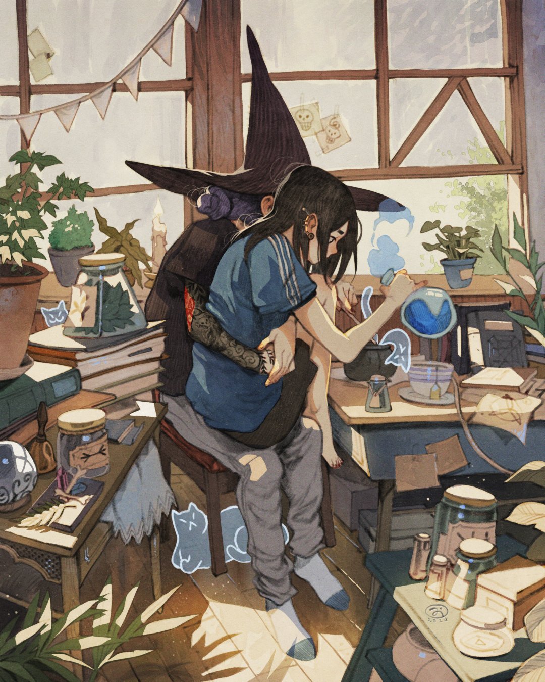 2girls, alt_text, barefoot, bell, black_hair, black_hat, black_shirt, black_skirt