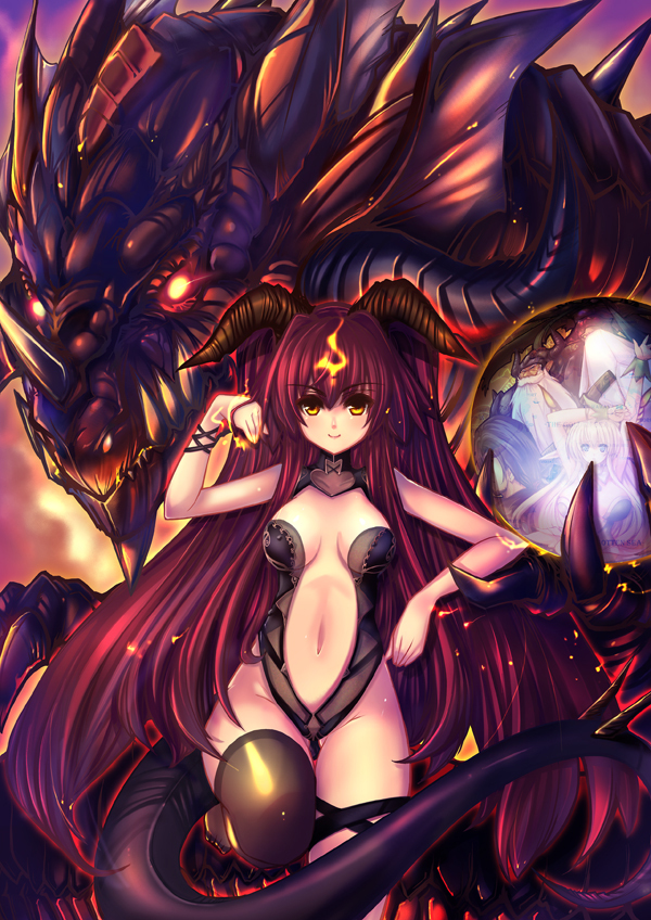 black_hair, black_legwear, black_thighhighs, blonde_hair, blue_eyes, breasts, claws, dragon