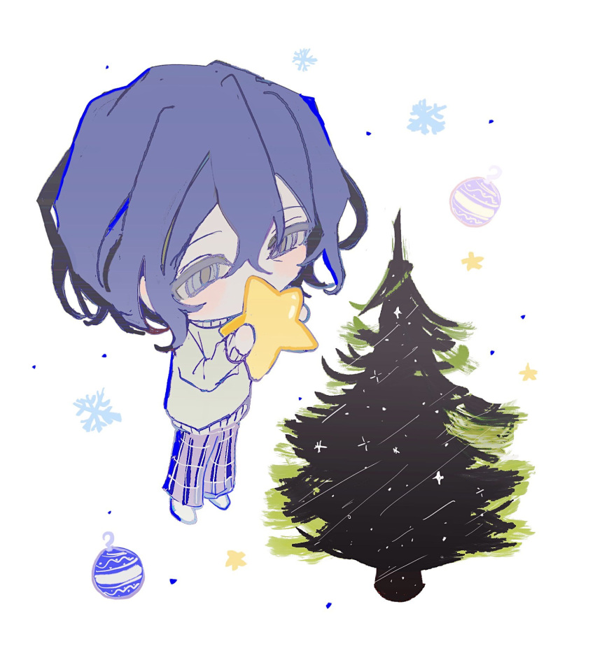1boy, alternate_costume, blue_eyes, blue_hair, chibi, chibi_only, christmas_ornaments, christmas_tree