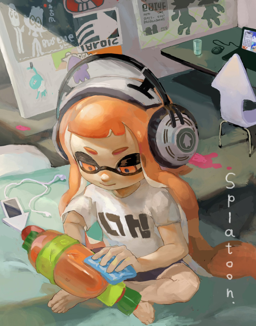 1girl, barefoot, bike_shorts, black_shorts, chair, cleaning, closed_mouth, computer, computer_mouse, copyright_name, cup, desk, half-closed_eyes, headphones, highres, holding, holding_sponge, indian_style, indoors, inkling, inkling_girl, inkling_player_character, laptop, long_hair, mepo_1, orange_eyes, orange_hair, shirt, short_sleeves, shorts, sitting, smile, solo, splatoon_(series), splattershot_(splatoon), sponge, super_soaker, t-shirt, tentacle_hair, very_long_hair, white_shirt