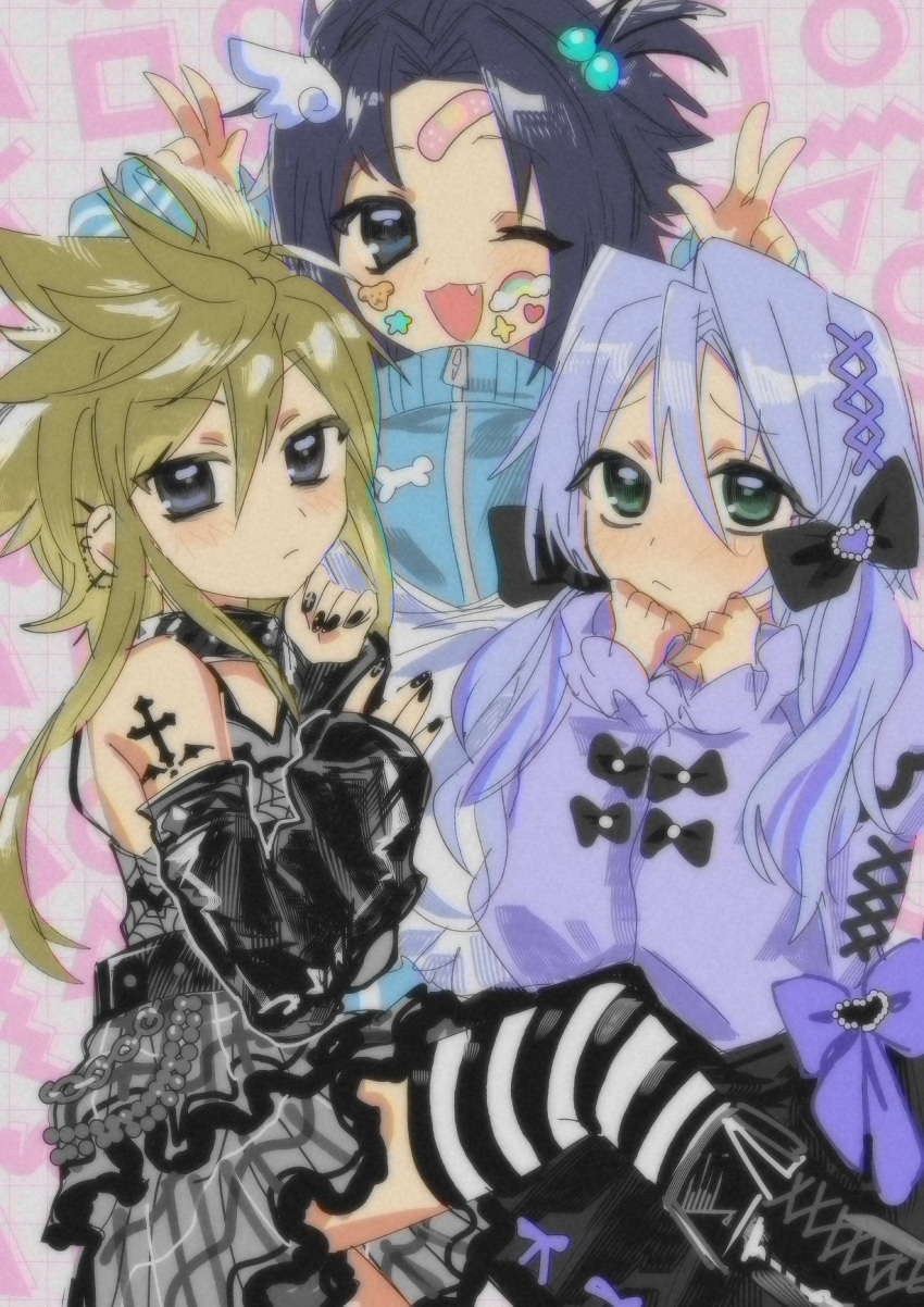 3boys, arm_tattoo, belt, black_bow, black_footwear, black_hair, black_nails, blonde_hair