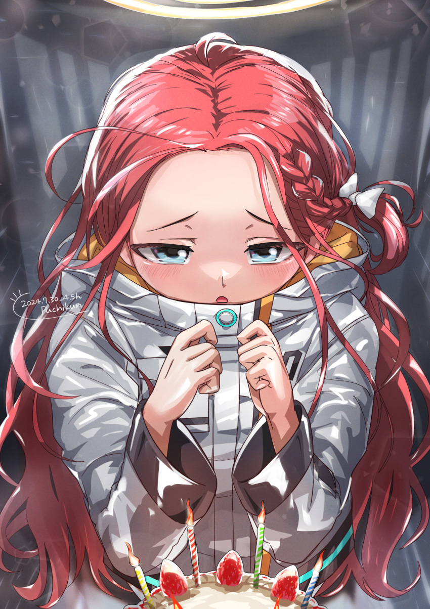 1girl, :o, artist_name, blue_archive, blue_eyes, blush, bow, braid