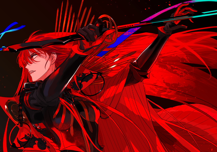 1girl, absurdres, black_background, black_bodysuit, bodysuit, breasts, cape, clenched_teeth