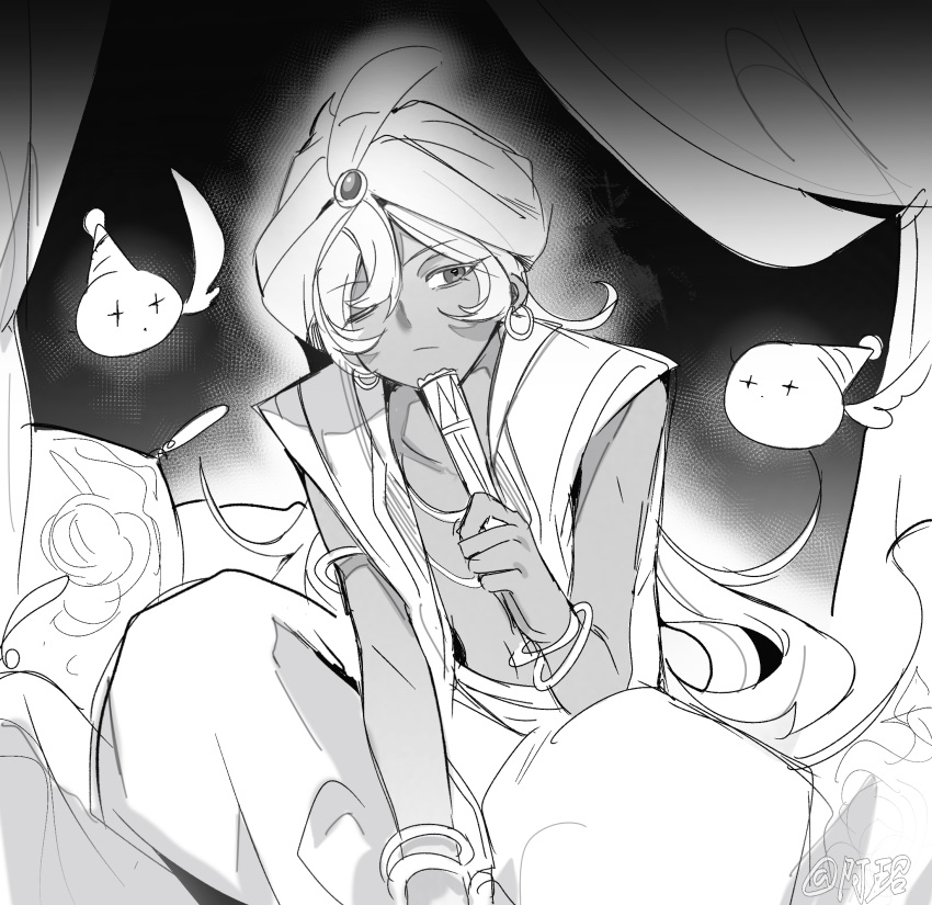 1boy, armlet, ashao35846, bare_pectorals, bishounen, bracelet, closed_mouth, cookie_run, creature, curtains, dark-skinned_male, dark_skin, double-parted_bangs, earrings, folded_fan, folding_fan, greyscale, hair_between_eyes, hand_fan, harem_pants, hat_feather, highres, holding, holding_fan, hoop_earrings, humanization, indian_style, indoors, jewelry, leaning_forward, long_hair, looking_to_the_side, male_focus, monochrome, navel, necklace, on_bed, one_eye_closed, outline, pants, pectorals, pillow, shirt, sideways_glance, sitting, sketch, sleeveless, sleeveless_shirt, solo, thinking, turban, yogurt_cream_cookie