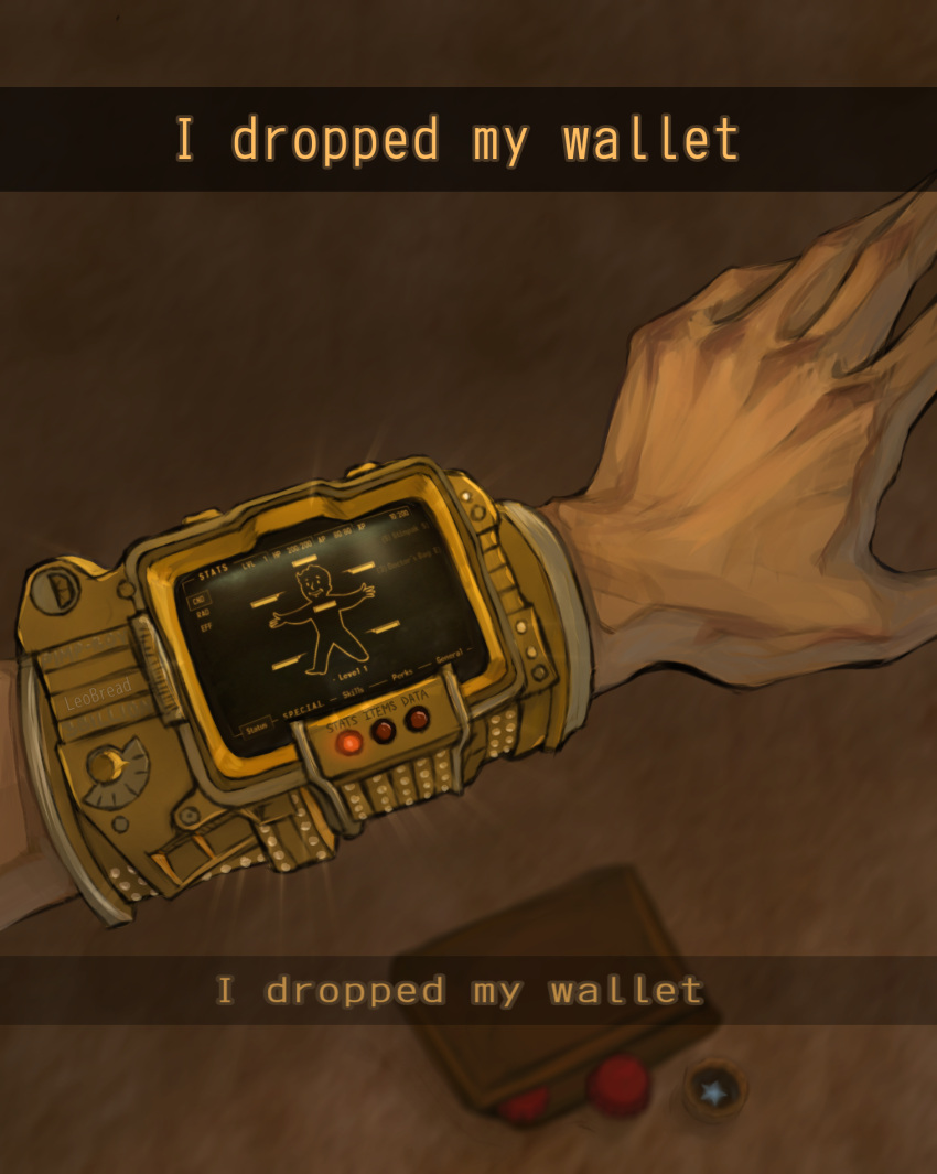 bottle_cap, courier_(fallout_new_vegas), english_text, fallout:_new_vegas, fallout_(series), gold, highres, jewelry