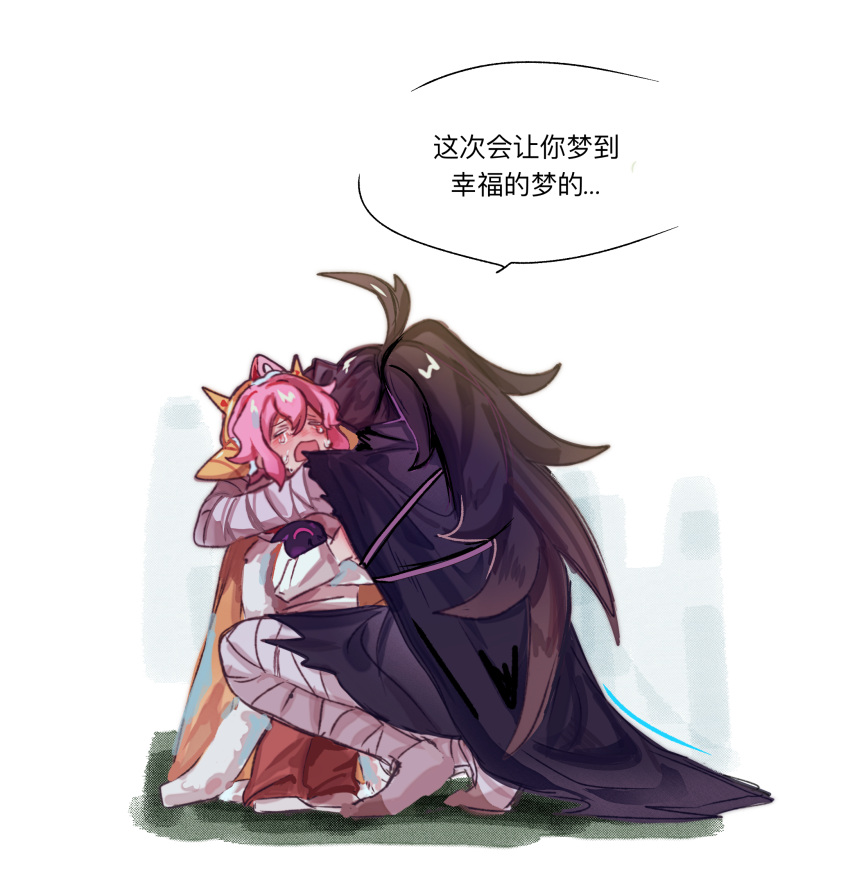1girl, 1other, ashao35846, bandaged_arm, bandaged_leg, bandages, black_cape, black_raisin_cookie