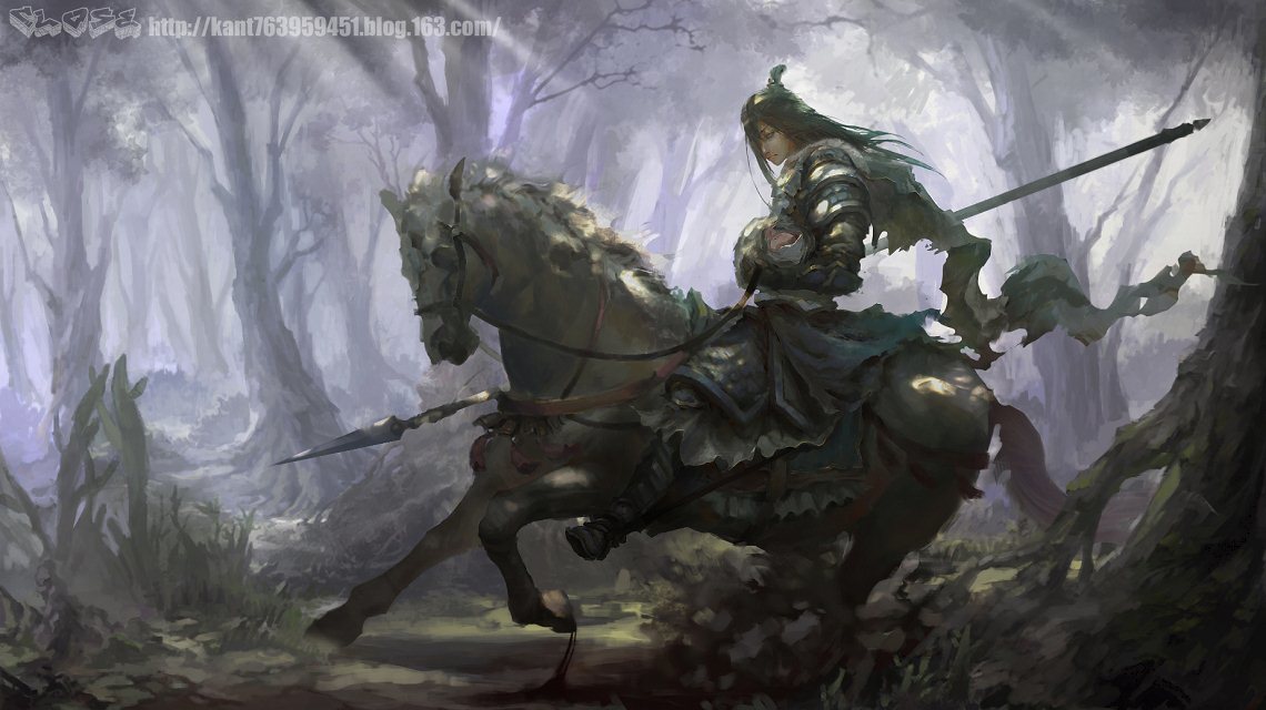 1girl, armor, artist_name, bad_bcy_id, bad_id, black_footwear, boots, bracer, breastplate, brown_hair, chinese_commentary, closed_mouth, commentary_request, dappled_sunlight, day, expressionless, faulds, forest, full_body, gauntlets, grass, guyu_(bcy_929), hair_over_one_eye, holding, holding_polearm, holding_reins, holding_weapon, horseback_riding, knee_boots, long_hair, looking_at_viewer, nature, original, outdoors, pauldrons, polearm, realistic, reins, riding, saddle, shoulder_armor, solo, spear, sunlight, topknot, weapon