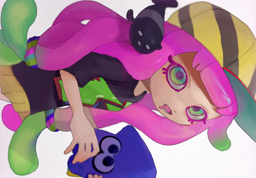 1girl, baseball_cap, black_shirt, blue_eyes, clownfish, drooling, fish, gradient_hair