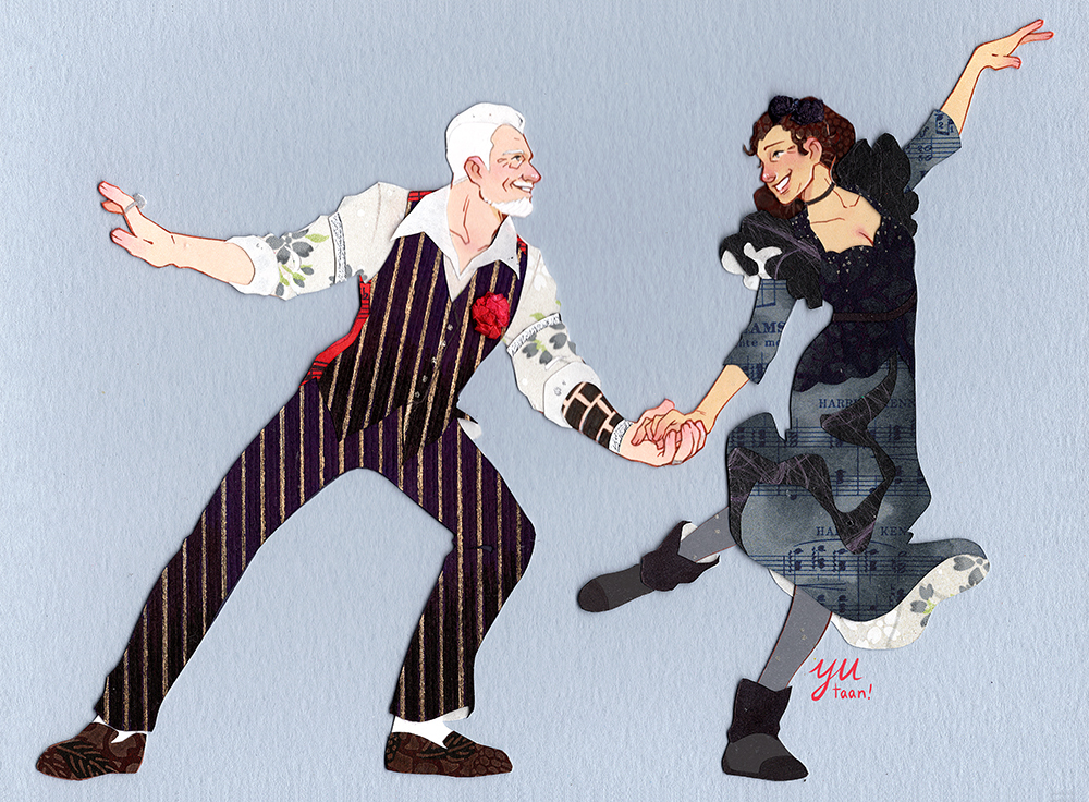 1boy, 1girl, arm_garter, arm_tattoo, beard, black_bow, black_choker, black_dress, black_footwear, black_pants, black_vest, boutonniere, bow, brown_footwear, brown_hair, choker, collared_shirt, commission, dancing, dark-skinned_female, dark_skin, dress, facial_hair, floral_print, flower, gold, grey_background, grey_dress, hades_(hadestown), hadestown, hair_bow, hand_up, hetero, holding_hands, jewelry, mature_female, mature_male, musical_note, musical_note_print, open_mouth, pants, paper_cutout_(medium), papercraft_(medium), persephone_(hadestown), print_dress, print_suit, red_flower, ring, shirt, shoulder_pads, simple_background, sleeves_past_elbows, sleeves_rolled_up, smile, standing, striped_clothes, striped_pants, striped_suit, striped_vest, suit, tattoo, tattoo_sleeve, unconventional_media, vertical-striped_clothes, vertical-striped_pants, vertical-striped_suit, vertical-striped_vest, vest, white_hair, white_shirt, wrinkled_skin, yutaan