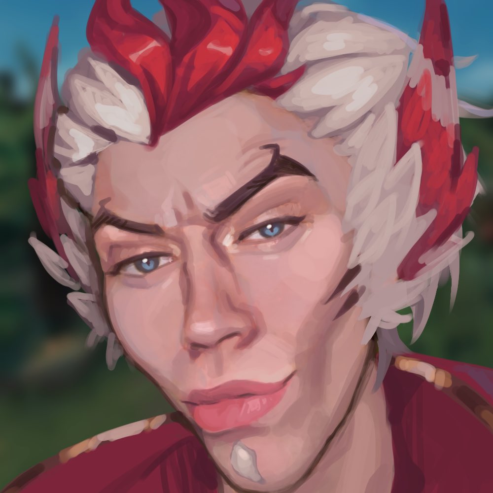1boy, animal_ears, blue_eyes, blurry, blurry_background, cheekbones, closed_mouth, english_commentary, kazuya_guy_(meme), kisume_to, league_of_legends, looking_at_viewer, male_focus, meme, multicolored_hair, photo-referenced, rakan_(league_of_legends), redhead, short_hair, sunken_cheeks, two-tone_hair, white_hair