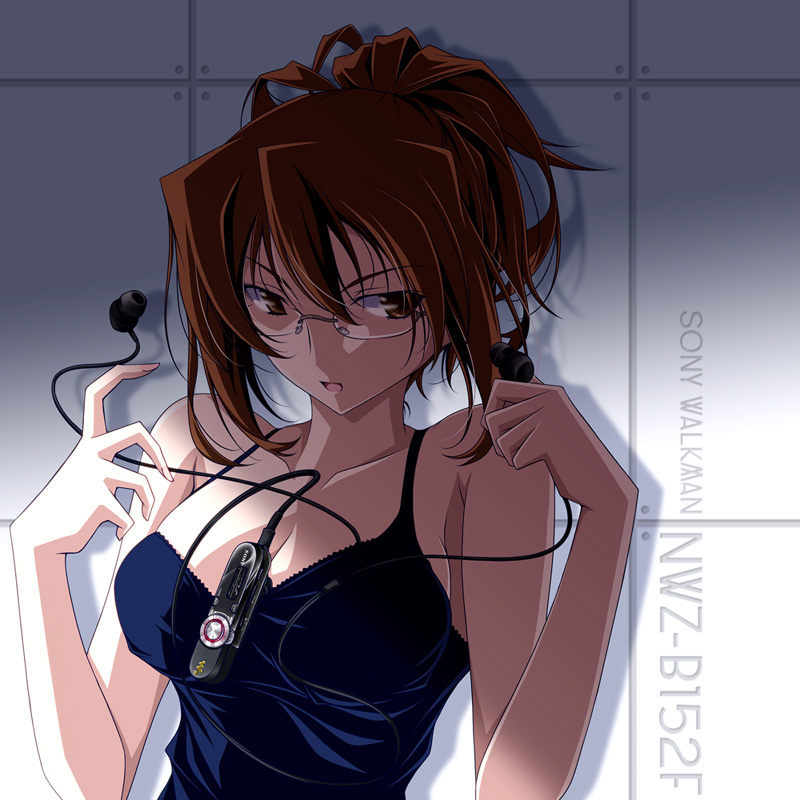brown_hair, cable_divider, earbuds, earphones, glasses, kikuchi_tsutomu, original, solo