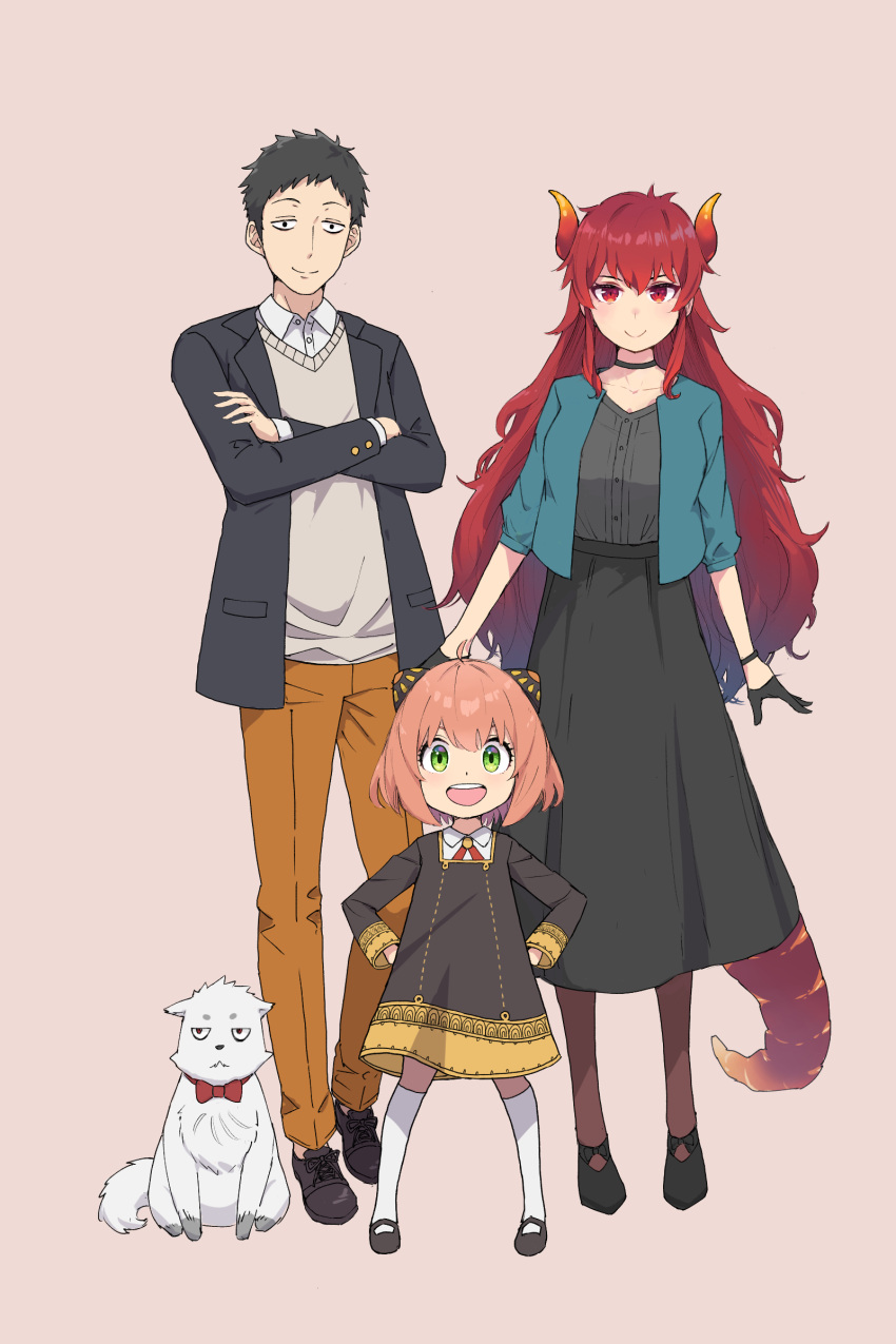 1boy, 2girls, absurdres, animalization, anya_(spy_x_family), anya_(spy_x_family)_(cosplay), black_dress, black_eyes