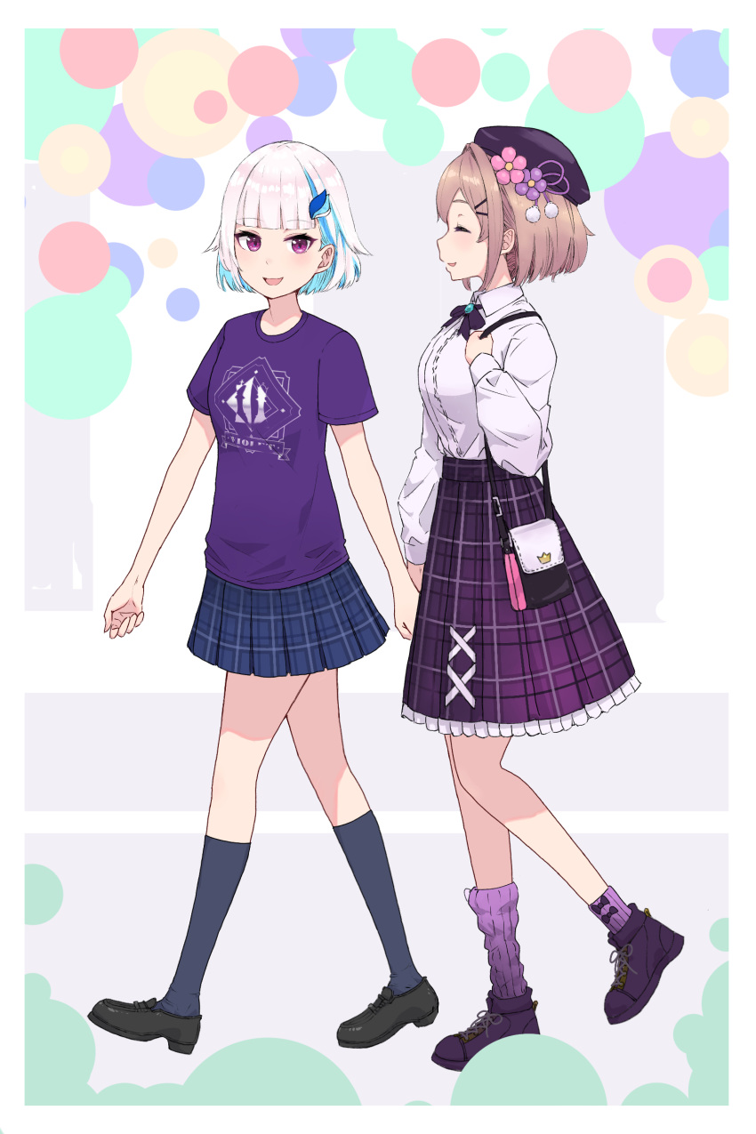 2girls, :d, ^_^, absurdres, asymmetrical_legwear, bag, black_footwear, black_socks
